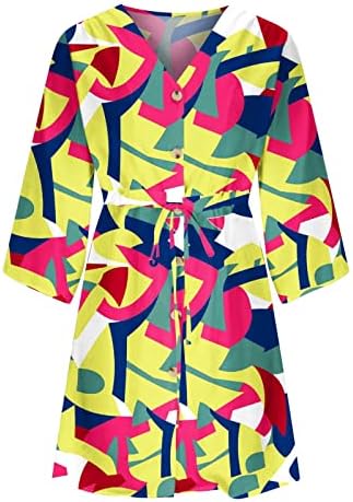 Boemska haljina za žene, žensko ljeto 3/4 rukava V vrat odmor za odmor boho print screwstring sunčana haljina na plaži