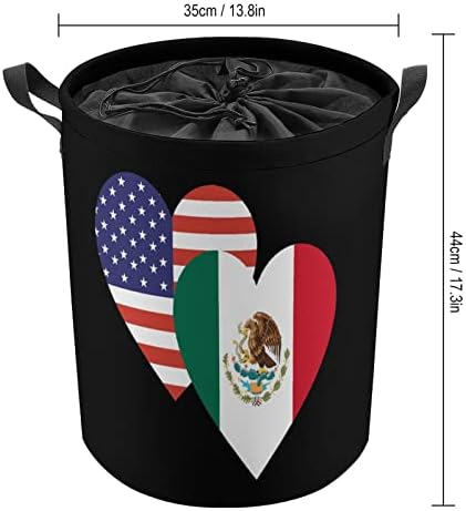 Meksičko-američka zastava srca okrugla torba za rublje, vodootporna košara za odlaganje s poklopcem za vezanje i ručkom
