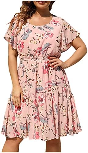 Wpoumv plus haljina za veličinu za žene ljetni cvjetni print haljina okrugla vrata ležerna haljina s kratkim rukavima plaža protočna