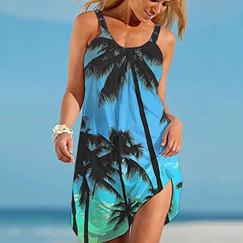 Ženska ležerna cvjetna mini haljina bez rukava tropska print ljetna plaža tunikov tenk haljine kratke suncobrane