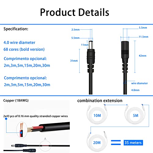 Gwfiber awg 18 dc kabel za ekstenziju napajanja 100ft 5,5 mmx2.5 mm 5V 12V 24V adapter za napajanje CCTV sigurnosna bežična kamera