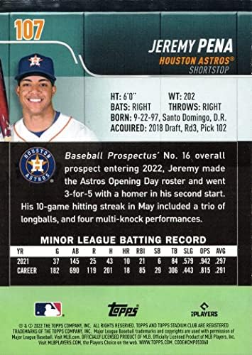 2022 Topps Stadium Club Baseball 107 Jeremy Pena Rookie Card - Nošenje Space City Astros Jersey