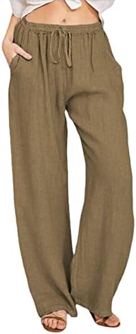 Yubnlvae hlače za žene pamučne i posteljine elastične elastične struje s džepovima čvrste široke noge labave hlače