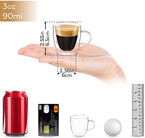 Dlux espresso šalice za kavu 3oz, dvostruki zid, bistri stakleni set od 2 čaše s ručkama, izolirani borosilikatni čaj od čaja