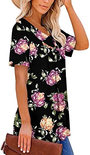 Ženski ljetni kože trbušne tunike okrugli vrat cvjetni tiskani vrhovi protočni henley majica casual gumb bluze kratkih rukava