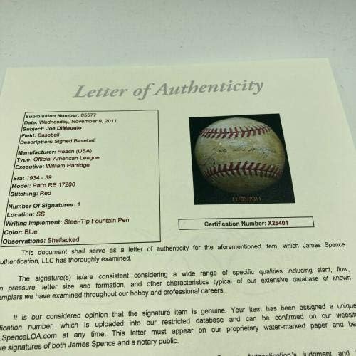 1936. Joe DiMaggio Rookie singl potpisao američku ligu Harridge Baseball JSA CoA - Autografirani bejzbol