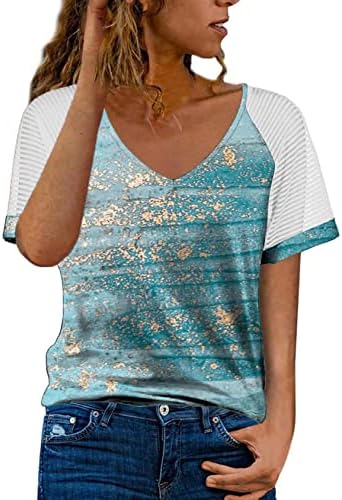 LCEPCY Womens casual v vrat Top Tiskana grafička mreža majica kratkih rukava labava košulje ljetne majice