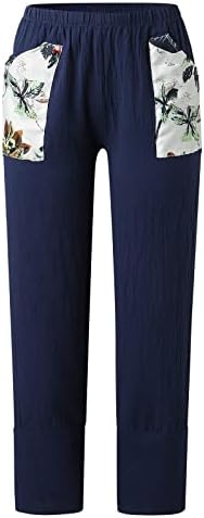 Meyya ženske pamučne lanene hlače, 2023. Ljetne žene visokog struka lagane labave duge hlače s džepovima za tisak
