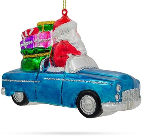 Djed Mraz u kabrioletnom automobilu pun poklona stakleni božićni ukras 3,6 inča