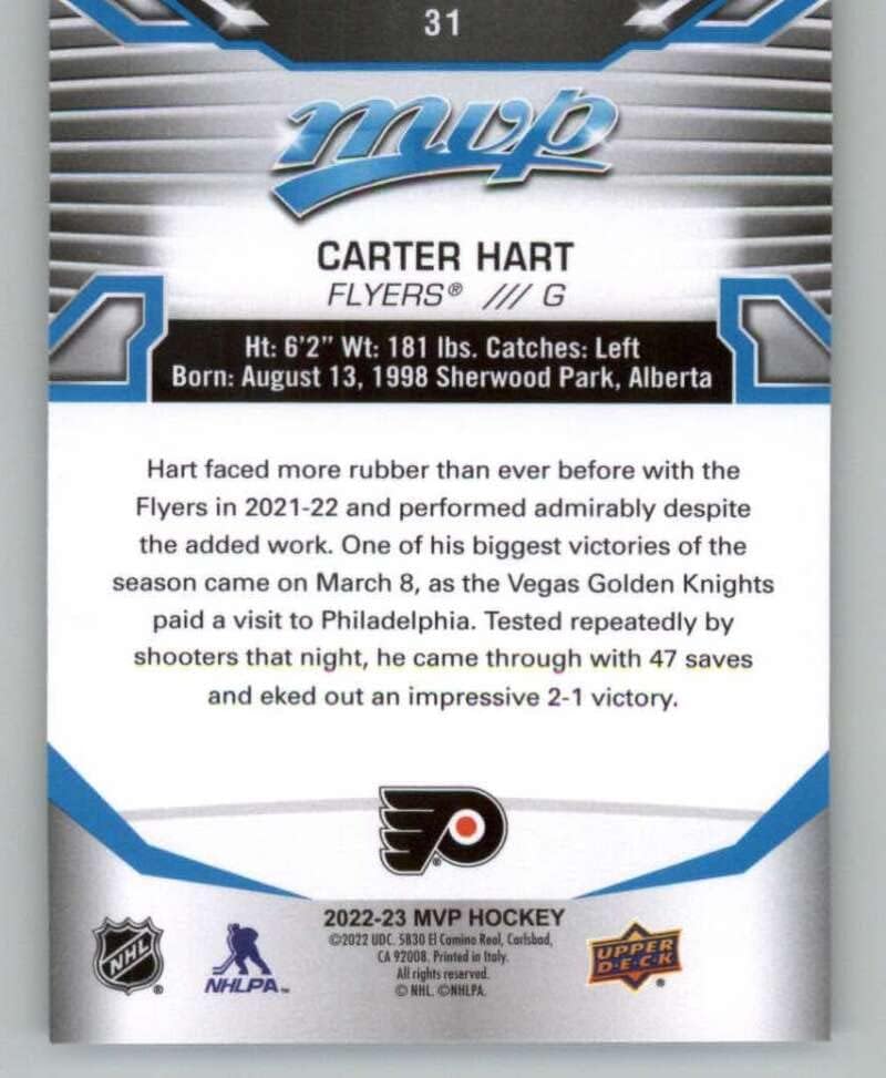 2022-23 Gornja paluba MVP 31 Carter Hart Hart Philadelphia Flyers NHL Trgovačka karta hokeja