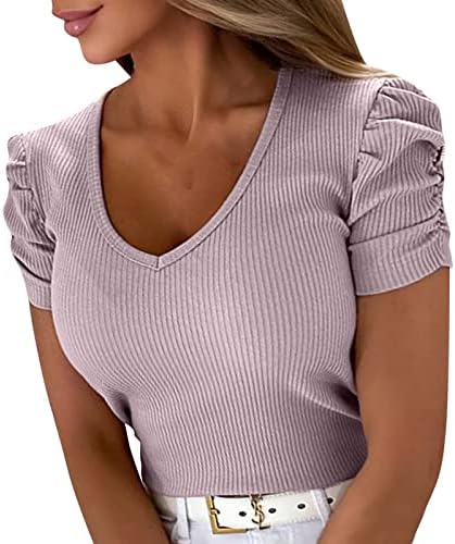 Topovi s izrezom u obliku slova u za žene, ljetne elegantne casual rebraste majice kratkih rukava, gradijentne majice, rastezljiva