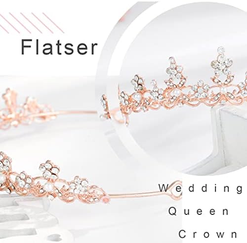 Ravna kristalna vjenčana tijara-kruna od ružičastog zlata s biserima kraljevske krune za maturalnu zabavu, rođendan, svadbeni pribor