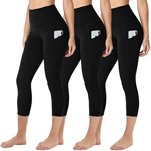 HLTPRO 3 Pack Capri gamaša za žene s džepovima - Crni kontrola trbuha s visokim strukom Capris joga hlače za vježbanje