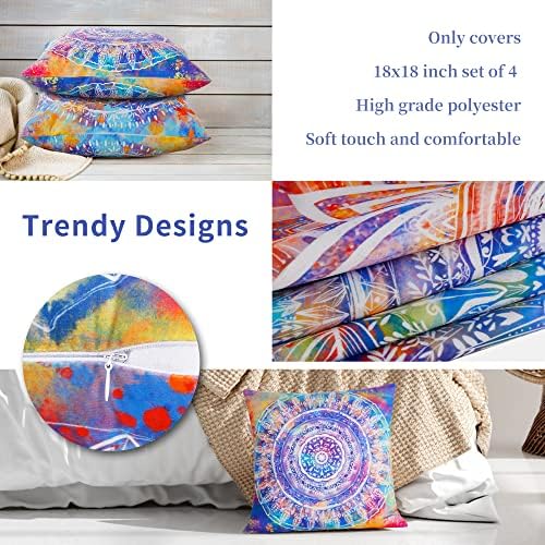 Coliuso boho bacanje jastuka prekrivača 18x18 inčni set od 4, plava ljubičasta i narančasta mandala moderni ukrasni tiskani jastuci