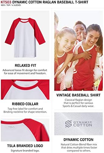 TSLA Kid's 3/4 košulje za bejzbol rukave, ležerne dinamične pamučne majice, četvrtine rukava Raglan vrhovi