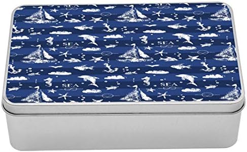 Ambasonne mornarsko plava metalna kutija, jedrilica okomita pruga uzorak sidrene ribe galebovi efekt boje efekt nautička tema, višenamjenski