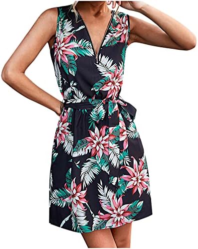 Ženska ljetna V haljina za vrat cvjetni print bez rukava bez rukava Mini Sundress Odmor ležerne haljine na plaži s remenom