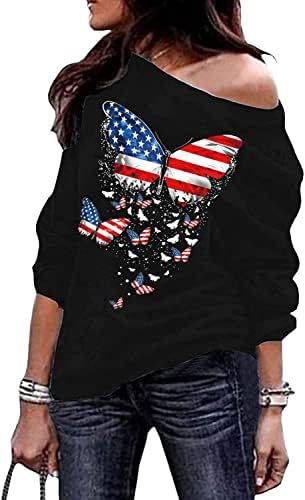 Decogiver ženska seksi od ramena Novost američke zastave Star Star Stripe tiskana patriotskih dukseva s dugim rukavima