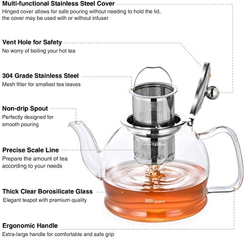 STNTUS stakleni čajnik, 40 oz. / 1200 ml čajnika, stakleni čaj za čaj za labav čaj, stakleni čajnik s infuserima za labav čaj, lonac