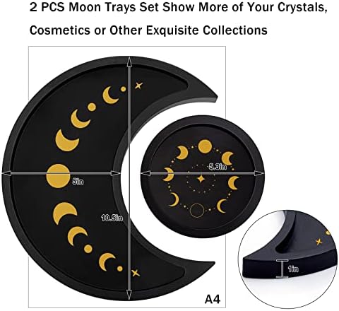 MooncraftLogy polumjesec mod pladanj set kristalnog držača, crni drveni kristalni prikaz za skladištenje kamenja, wiccan lunarne faze