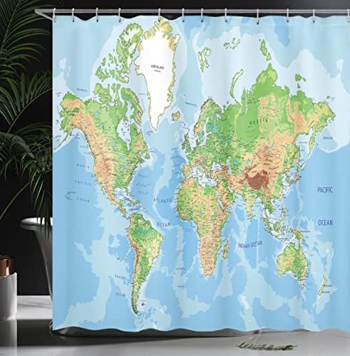 AMBESONNE WORDT MAP CUSTIN, COMPLEFION MAP Svjetskog kontinenta Oceans Mountains, tkanina tkanina Dekor kupaonice set s kukama, 69