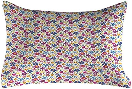 Ambasonne cvjetni prešiljeni jastuk, dizajn crtića smiješni uzorak proljetnog uzbuđenja s cvjetnim laticama vrt, standardni kraljica