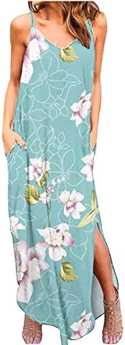 Ženske casual maxi haljine cvjetni v vratni špageti haljina bez rukava podijeljena dugačka ljetna haljina na plaži