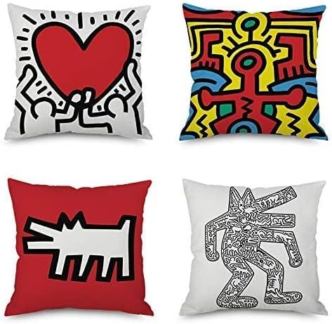 FARG set od 4, grafiti Keith Haring Slikanje ukrasnih jastuka za bacanje, jednostruka tiskana, pamučna posteljina, inč