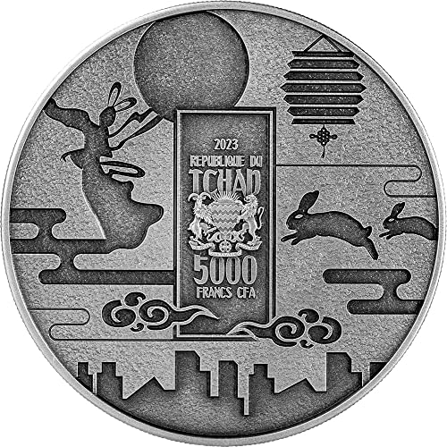 2023 de Modern Comemorative Powercoin Chang Er i Jade Rabbit 1 Oz Silver Coin 5000 Francs Chad 2023 Antique Finish