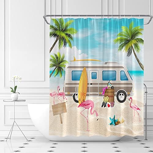UAEAUN Ljetna plaža Tuš zavjesa Flamingo Summer Surfahing Truck za surfanje Tropska palma na moru prizor Scena tkanina za kupaonice
