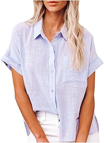 Ženski cooton laneni gumb dolje košulje košulje kotrljaju se bluza s kratkim rukavima v đak ljetni labavi vrhovi plaže s džepovima