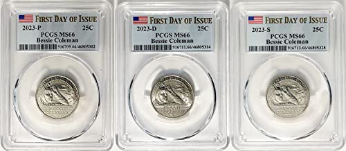 2023. P, D, S BU American Women Quarter Bessie Coleman Quarter MS 66 Prvi dan izdavanja naljepnice PCGS 3 Coin set