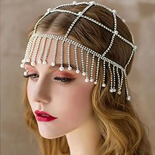 Ušna kapa s resicama i rhinestones pokrivala za glavu srebrni lanac s kristalima urlajući Dodaci za kosu iz 1920-ih za trbušni ples