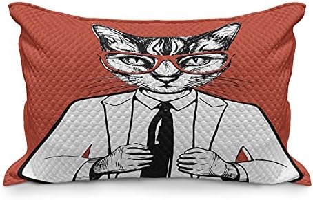 Ambasonne hipster prekriveni jastuk, smiješna vintage skica mačke biznismena s naočalama i odijelom, standardni pokrov jastuka za kraljicu