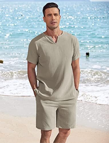 Coofandy muški 2 komada pamučna posteljina set Henley košulja kratki rukavi i casual plaže kratke hlače ljetne joge odjeće