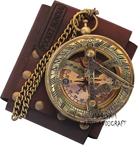 Mesingani sunčani kompas s kožnim futrolom i lancem - gurnuti otvoreni kompas - steampunk dodatak - mesinganski sunčani džep compass