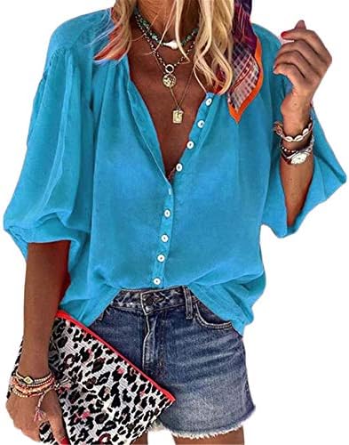 Adongnywell Women Cardigan casual gumb Down majice V vrat kratki rukavi bluze od solidnih boja u boji